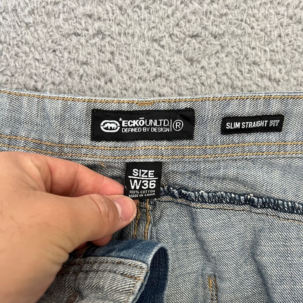 Ecko Unltd Slim‎ Straight Jeans Mens 34 Blue Excellent Y2K Embroidered Denim - Picture 12 of 16